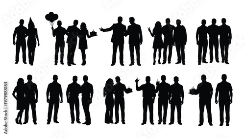 A collection of black silhouettes depicting diverse groups of people celebrating socializing and enjoying various occasions high quality professional detailed modern
