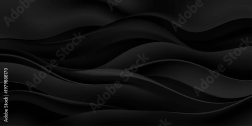An elegant black silk fabric with a smooth satin texture creates a dark luxury backdrop featuring soft waves and shiny curves of elegant drapery
