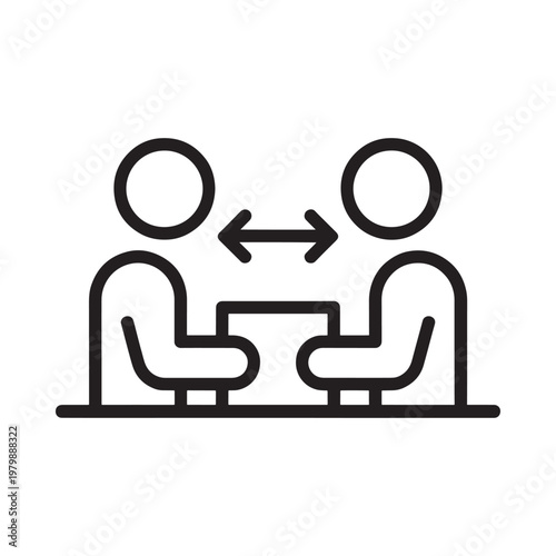 Two people seated at a table with an arrow indicating social distancing