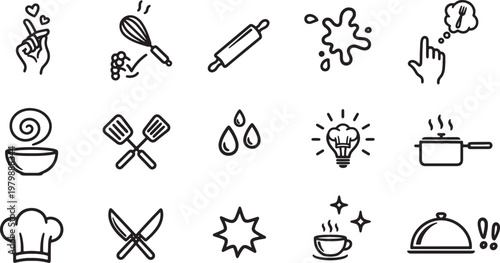 set of black line icons for cooking and food concepts