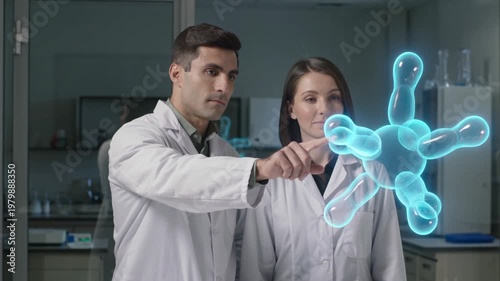 Scientists Examining a Futuristic Molecular Hologram in a Modern Laboratory.