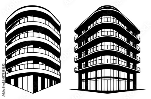 Modern residential buildings with curved and angular balconies in minimalist architectural style