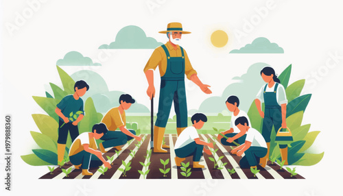 Generational Farming Mentor Teaching Youth to Plant Crops. Senior Farmer Supervising Sustainable Agriculture Education.