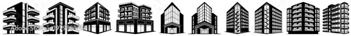 Modern building icon collection featuring office towers and residential apartment blocks in flat style