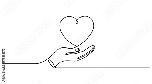 Continuous line drawing, hand holding heart, minimalist love symbol, vector icon
