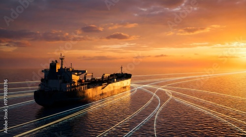 Cargo ship sailing on ocean with glowing digital trade routes