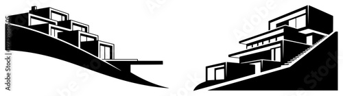 Modern terraced house on a hillside slope in minimalist black and white style