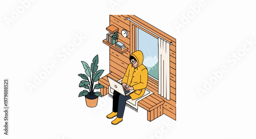 Isometric Illustration of a Digital Nomad Working on a Laptop in a Cozy Mountain Cabin Nook