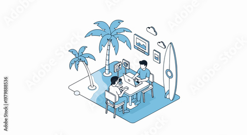 Isometric Digital Nomad Illustration of People Working Remotely on Tropical Beach