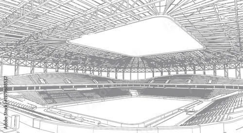 An illustration of a large empty sports stadium with rows of seating and a large roof opening.