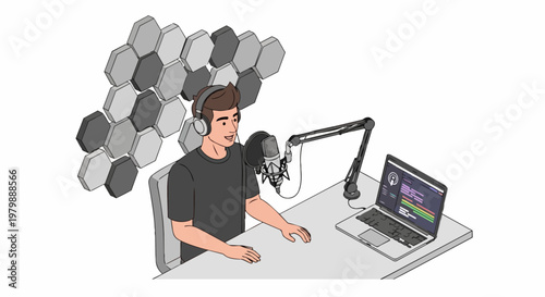 Man Recording Podcast in Home Studio Illustration - Content Creator with Professional Microphone and Laptop for Digital Broadcasting