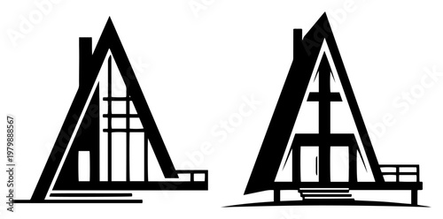 A-frame cabin silhouettes and triangular house designs in minimalist architectural vector style