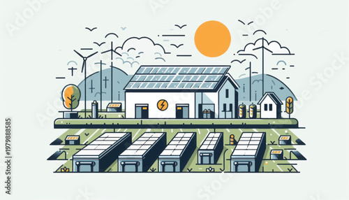Renewable Energy Storage Concept. Vector Illustration of Solar Power, Wind Turbines, and Battery Bank System for Smart Grid and Sustainable Future.