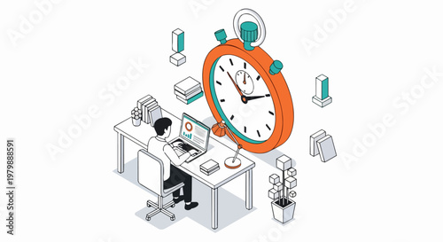 Isometric Time Management Illustration with Businessman Working at Desk, Giant Stopwatch, and Laptop. Concept of Deadline, Productivity, and Workflow Efficiency.