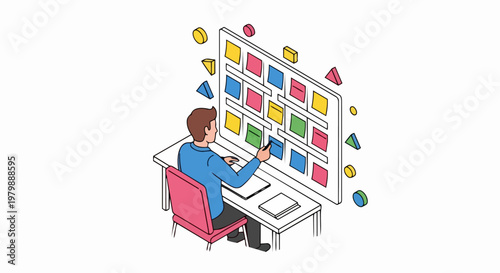 Project Management and Productivity Concept: Man Organizing Tasks on an Isometric Kanban Board with Colorful Sticky Notes