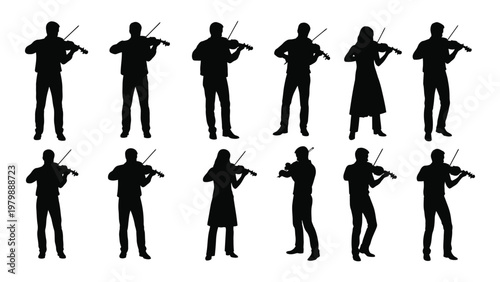 A collection of silhouetted figures playing violins showcasing diverse poses and clothing styles against a white backdrop high quality professional detailed