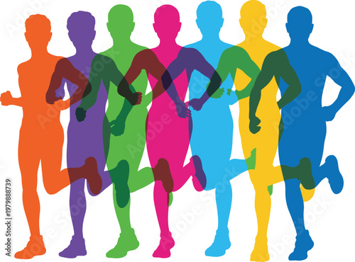 Colorful running silhouettes layered athletes motion flat vector illustration design