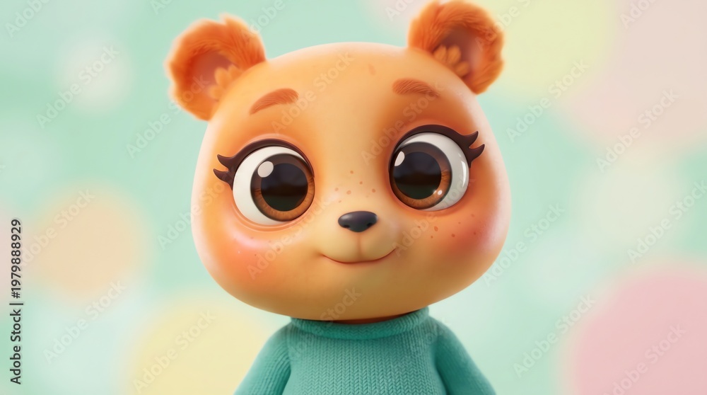 Naklejka premium Cute Cartoon Bear Character Wearing a Teal Knitted Sweater Portrait