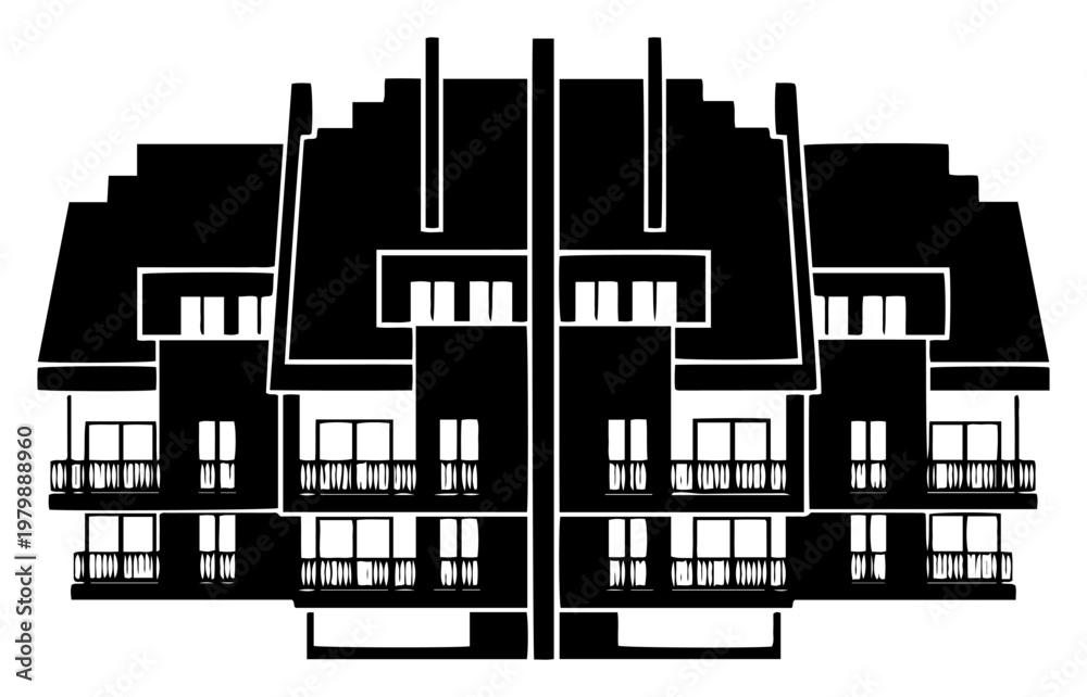 Naklejka premium Multi family apartment building with balconies and steep roofs in black and white silhouette style