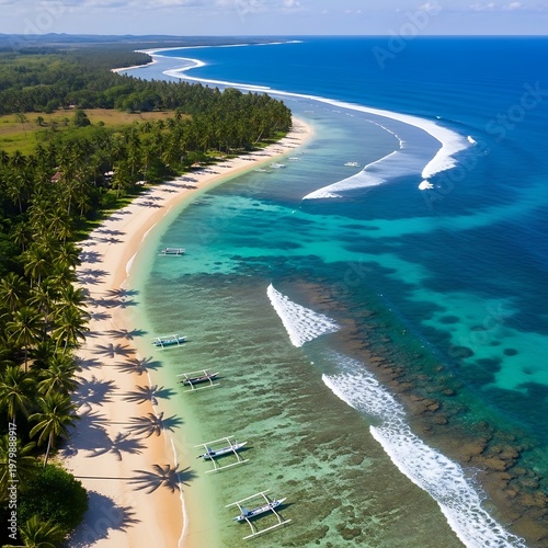 Tropical Paradise - Aerial View of Siargao Islands Coastline and Turquoise Waters.
