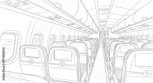 Interior view of a train with empty seats and screens on the back of each seat