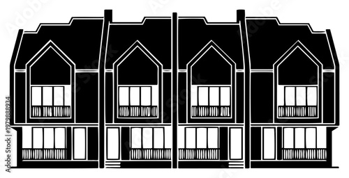 Terraced housing townhouses with gable roofs and balconies in black and white silhouette style