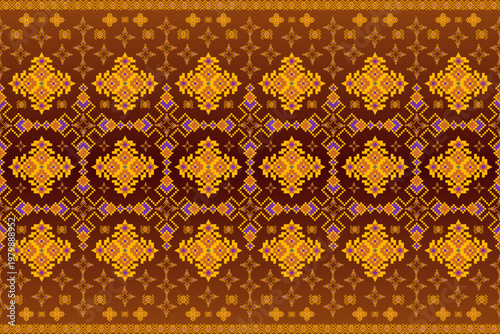 Warm-toned geometric textile pattern featuring golden pixel-style motifs on a brown gradient background. Symmetrical traditional shapes create a rich, cultural woven design.