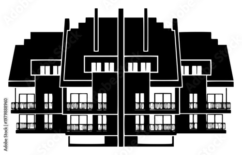 Multi family apartment building with balconies and steep roofs in black and white silhouette style