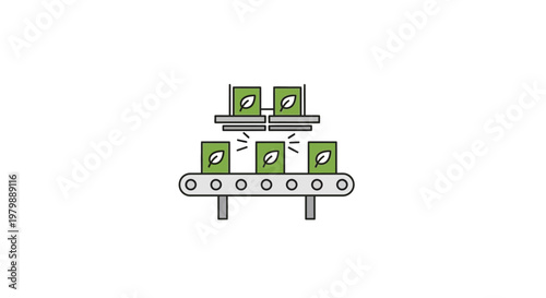 Green boxes on conveyor belt system.
