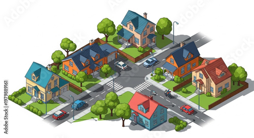 Suburban Neighborhood Street View with Houses and Cars.