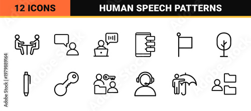 Communication and speaking line icon set for business dialogue and interaction