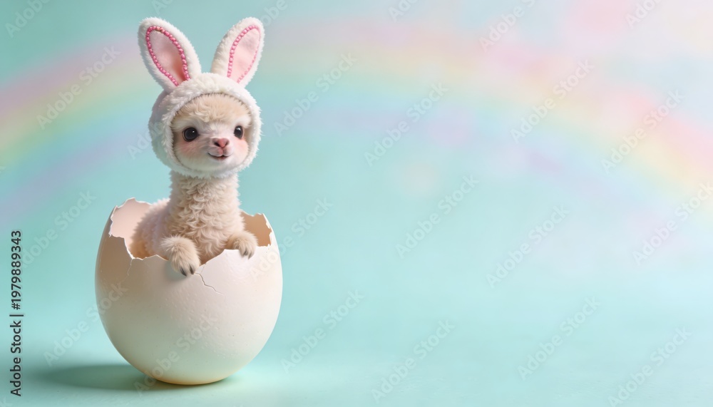 Fototapeta premium Cute llama in an egg, wearing bunny ears.