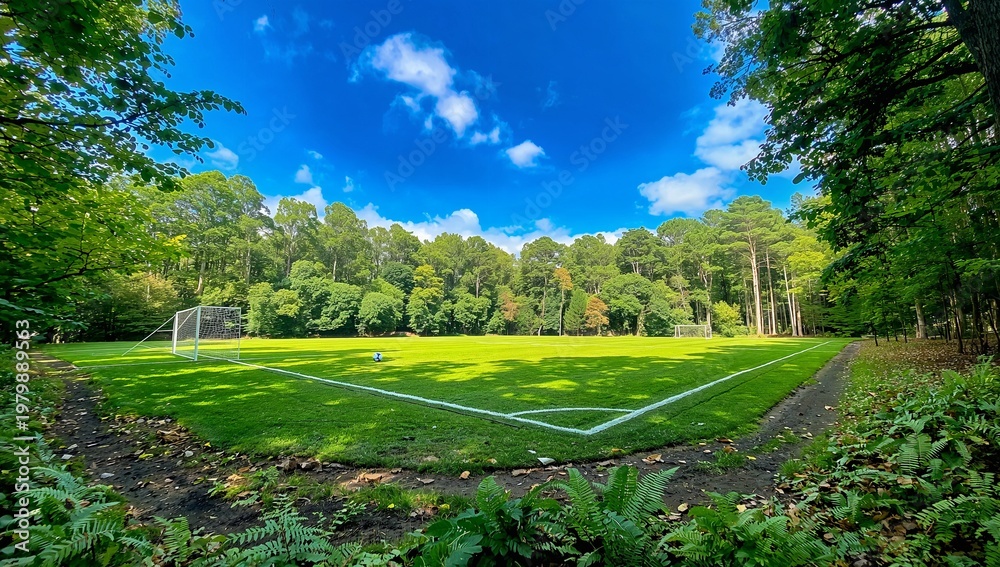 Fototapeta premium Empty Green Soccer Field Surrounded by Forest Under Bright Blue Sky