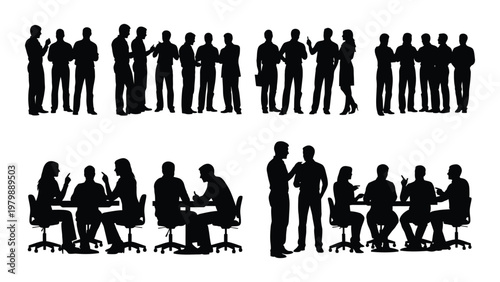 A collection of silhouetted figures depicts various business interactions including meetings conversations and networking events high quality professional detailed modern elegant