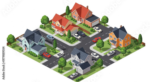 Suburban Neighborhood Street View with Houses and Cars.
