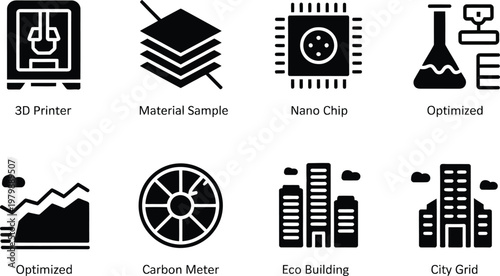 Set of black solid icons representing modern industrial technology and smart city infrastructure development concepts