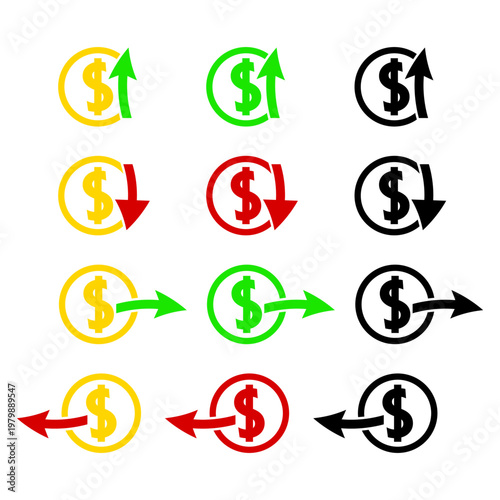Dollar currency icons set with arrows for financial growth, money loss, exchange and transactions. Vector illustration of money symbols