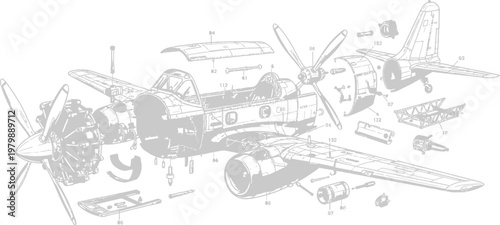 Illustration of disassembled airplane parts and tools on a clean background