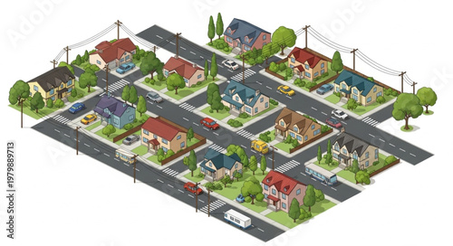 Suburban Neighborhood Street View with Houses and Cars.