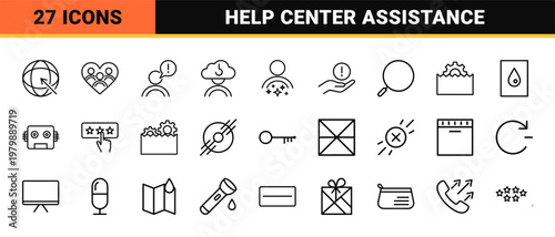 Customer service and support line icon set with rating and feedback symbols.