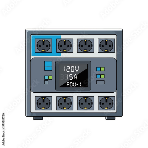 Power distribution unit with digital display showing voltage and amperage