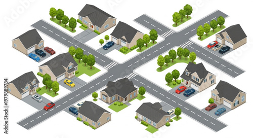 Suburban Neighborhood Street View with Houses and Cars.