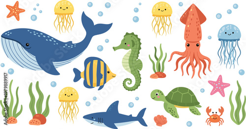 Cute colorful underwater sea animals set with whale, shark, jellyfish, squid, seahorse, turtle, fish and starfish vector illustration for kids design