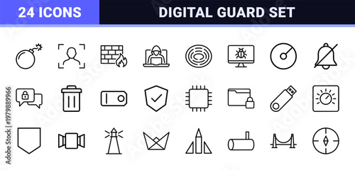 Cyber security outline icons for data protection and network safety.