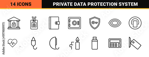 Cyber security and digital data protection line icon set
