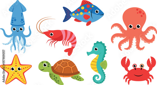Cute cartoon sea animals collection with squid, fish, shrimp, octopus, turtle, seahorse, crab and starfish vector illustration for kids design
