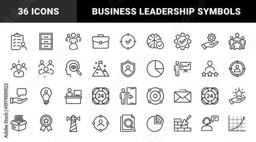 Corporate expertise and business leadership line icon set