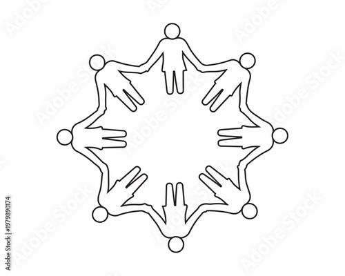 A circular illustration of eight stylized human figures holding hands in a unified community ring. Vector