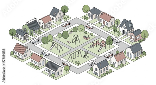 Suburban Neighborhood Street View with Houses and Park.