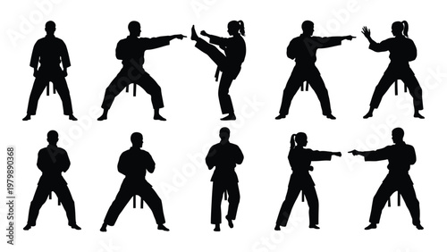 A collection of black silhouettes demonstrating various martial arts stances and movements including kicks and blocks high quality professional detailed modern